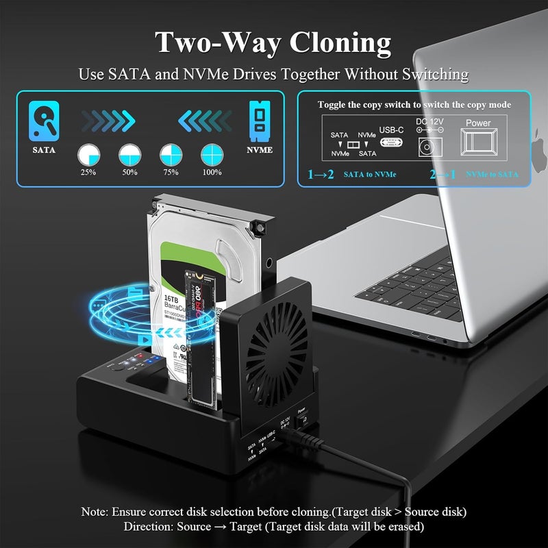 xiaobi M.2 NVMe & SATA HDD Docking Station,10Gbps USB3.2 Gen2 SSD Cloner for M.2 NVMe SSD + SATA 2.5”/3.5” HDD Converter, Offline Cloning, Tool-Free, Cooling Fan - Image 4